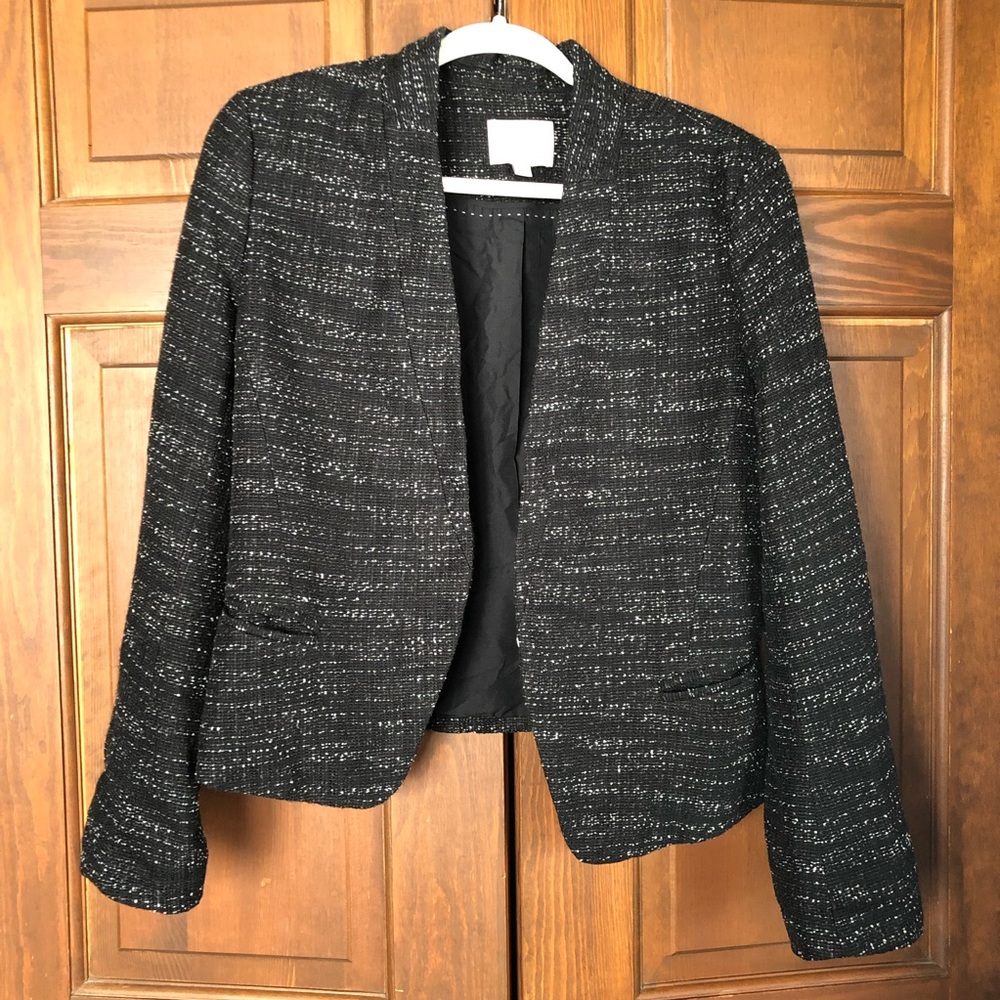 LOFT TWEED OPEN FRONT BLAZER JACKET BLACK WHITE 12